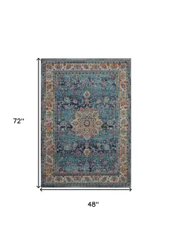 4' X 6' Blue and Beige Floral Distressed Area Rug