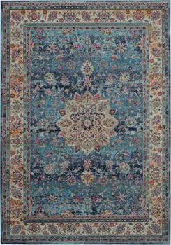 4' X 6' Blue and Beige Floral Distressed Area Rug