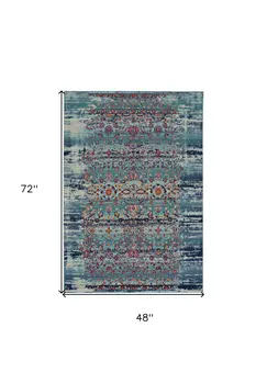 4' X 6' Blue Red And Orange Floral Distressed Area Rug