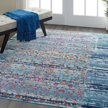 4' X 6' Blue Red And Orange Floral Distressed Area Rug
