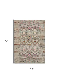 4' X 6' Ivory And Brown Floral Distressed Area Rug