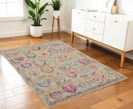 4' X 6' Ivory Pink And Orange Floral Distressed Area Rug