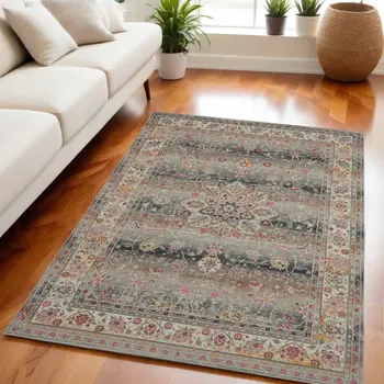 4' X 6' Ivory Brown And Gray Floral Distressed Area Rug