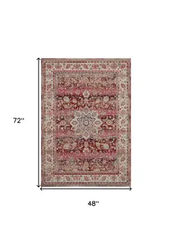 4' X 6' Ivory And Red Floral Distressed Area Rug