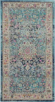 2' X 4' Blue and Beige Floral Distressed Area Rug