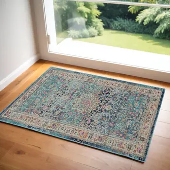 2' X 4' Blue and Beige Floral Distressed Area Rug