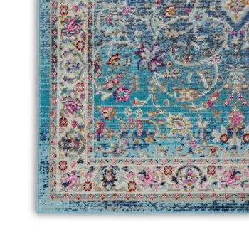 2' X 4' Blue and Beige Floral Distressed Area Rug