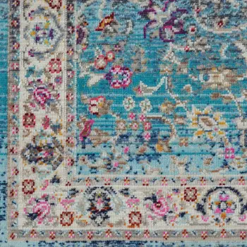 2' X 4' Blue and Beige Floral Distressed Area Rug