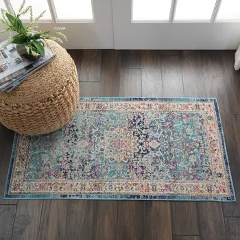 2' X 4' Blue and Beige Floral Distressed Area Rug