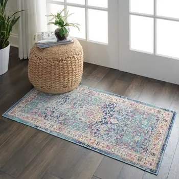 2' X 4' Blue and Beige Floral Distressed Area Rug