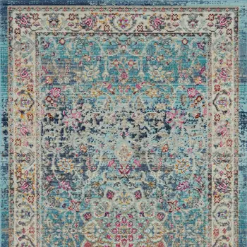 2' X 4' Blue and Beige Floral Distressed Area Rug