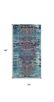 2' X 4' Blue Red And Orange Floral Distressed Area Rug
