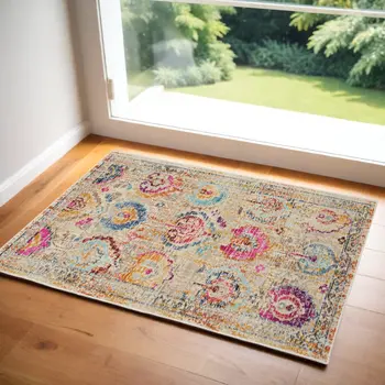 2' X 4' Ivory Pink And Orange Floral Distressed Area Rug