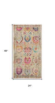 2' X 4' Ivory Pink And Orange Floral Distressed Area Rug
