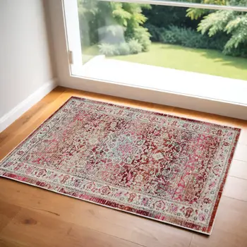2' X 4' Ivory And Red Floral Distressed Area Rug