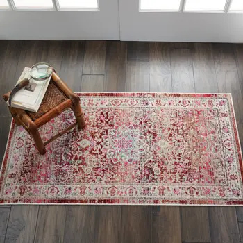 2' X 4' Ivory And Red Floral Distressed Area Rug