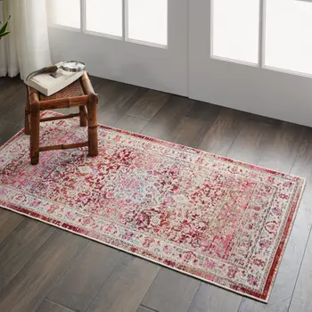 2' X 4' Ivory And Red Floral Distressed Area Rug