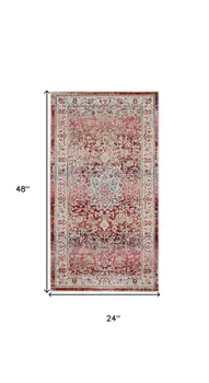 2' X 4' Ivory And Red Floral Distressed Area Rug