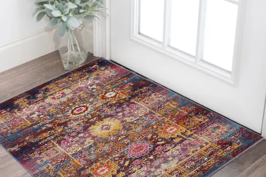 2' X 4' Blue Yellow And Red Floral Distressed Area Rug