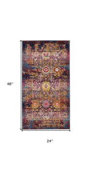 2' X 4' Blue Yellow And Red Floral Distressed Area Rug