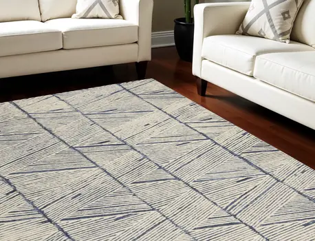 8' X 12' Blue And White Wool Geometric Area Rug