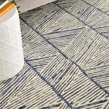 8' X 12' Blue And White Wool Geometric Area Rug