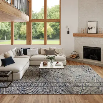 8' X 10' Blue and White Wool Abstract Area Rug