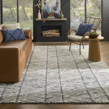 8' X 10' Blue and White Wool Abstract Area Rug