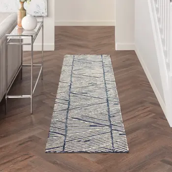 8' Blue and White Wool Abstract Runner Rug