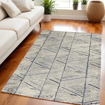 5' X 7' Blue And White Wool Abstract Area Rug