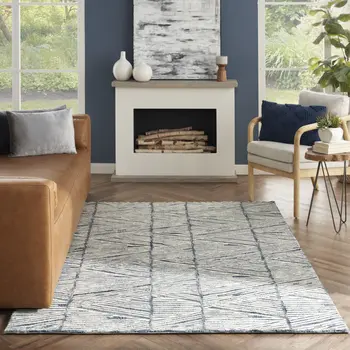 5' X 7' Blue And White Wool Abstract Area Rug