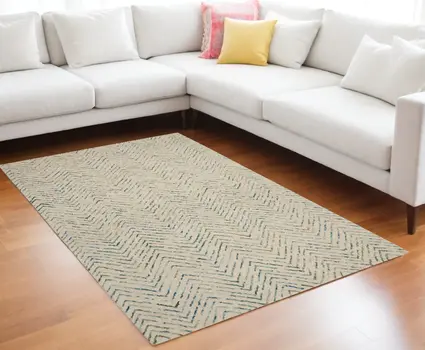 8' X 12' Ivory Blue and Green Wool Chevron Area Rug