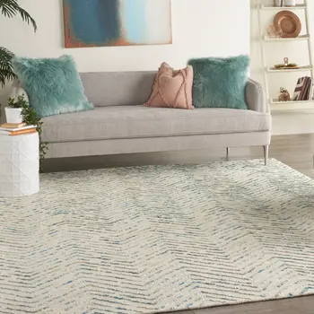 8' X 12' Ivory Blue and Green Wool Chevron Area Rug