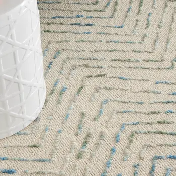 8' X 10' Ivory Blue and Green Wool Chevron Area Rug