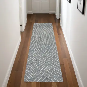 8' Indigo and Ivory Wool Chevron Runner Rug
