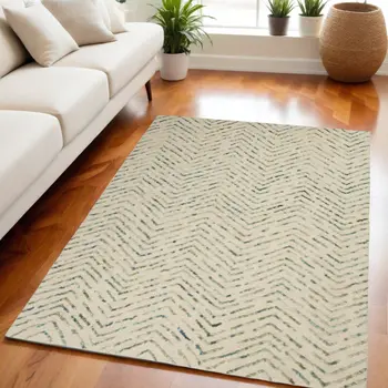 5' X 7' Ivory Blue and Green Wool Chevron Area Rug