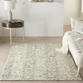 5' X 7' Ivory Blue and Green Wool Chevron Area Rug