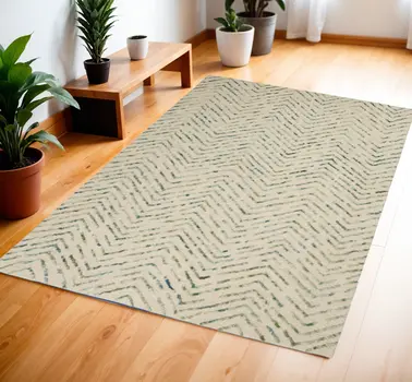 4' X 6' Ivory Blue and Green Wool Chevron Area Rug