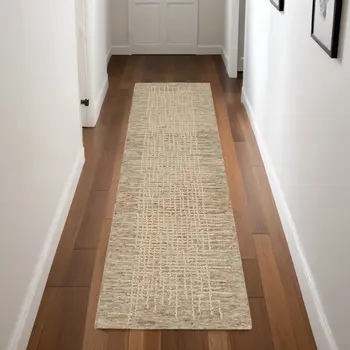 8' Beige and Tan Wool Abstract Runner Rug