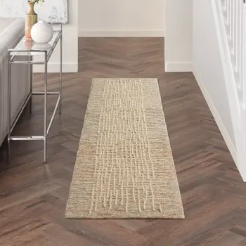 8' Beige and Tan Wool Abstract Runner Rug