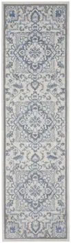 8' Ivory Blue and Gray Floral Non Skid Runner Rug