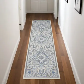 8' Ivory Blue and Gray Floral Non Skid Runner Rug