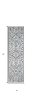 8' Ivory Blue and Gray Floral Non Skid Runner Rug
