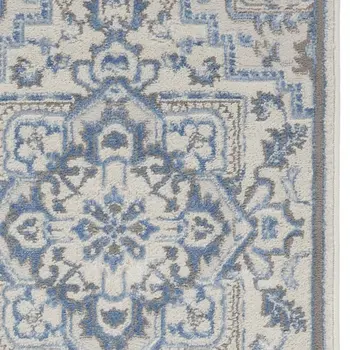 8' Ivory Blue and Gray Floral Non Skid Runner Rug