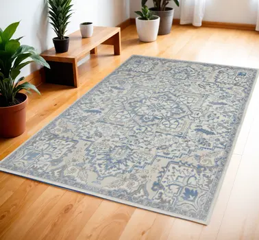 4' X 6' Ivory Blue and Gray Floral Medallion Non Skid Area Rug