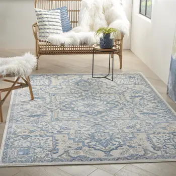 4' X 6' Ivory Blue and Gray Floral Medallion Non Skid Area Rug