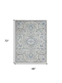 4' X 6' Ivory Blue and Gray Floral Medallion Non Skid Area Rug