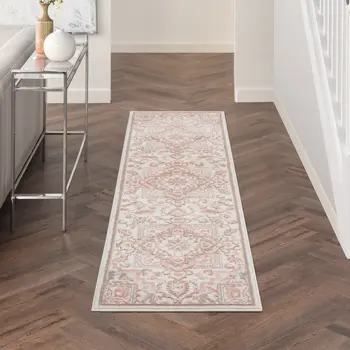 8' Ivory and Red Floral Non Skid Runner Rug