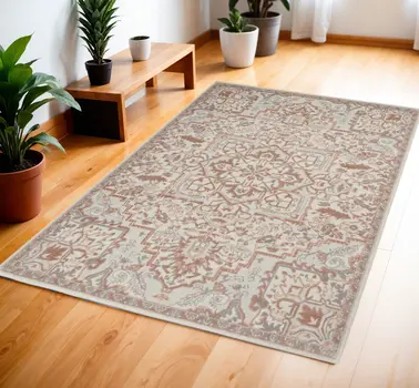 4' X 6' Ivory and Red Floral Medallion Non Skid Area Rug