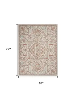 4' X 6' Ivory and Red Floral Medallion Non Skid Area Rug